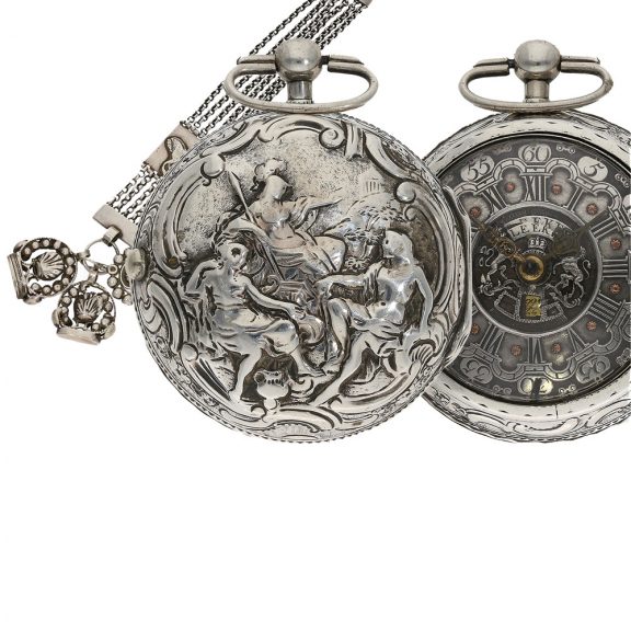Large English repoussé pair case verge watch with chatelaine Circa 1772
