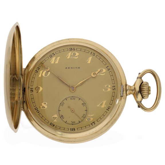 Swiss 14 carat gold full hunter case engine turned watch Circa 1920