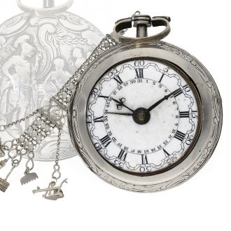 Swiss Dutch repoussé verge watch with date and chatelaine Circa 1769