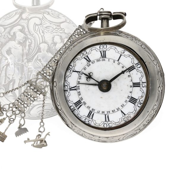 Swiss Dutch repoussé verge watch with date and chatelaine Circa 1769