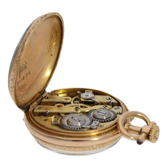 Swiss 18 carat gold beautiful miniature cylinder watch Circa 1890 Swiss 18 carat gold beautiful miniature cylinder watch Circa 1890