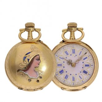 Swiss 18 carat gold and enamel Art Nouveau cylinder watch Circa 1900