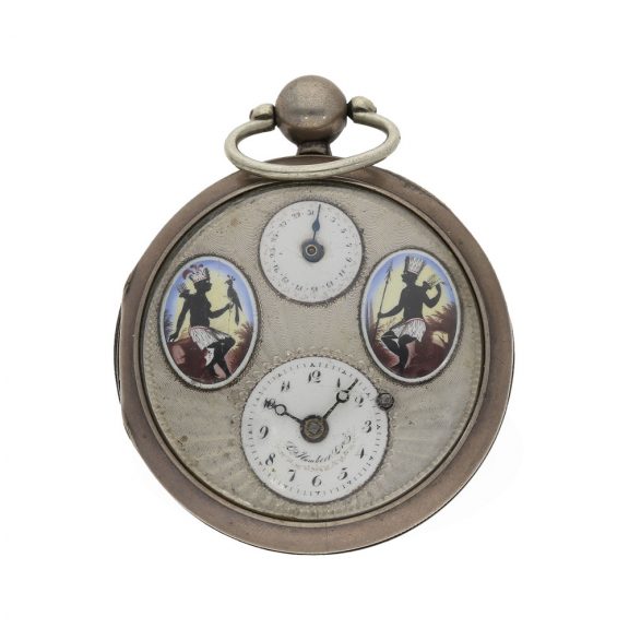 French silver verge watch with date and enamel cartouches Circa 1800