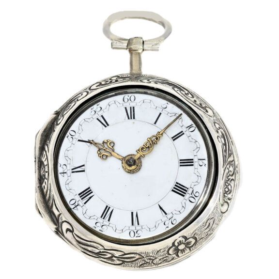 English silver repoussé pair cased verge watch Circa 1766 English silver repoussé pair cased verge watch Circa 1766