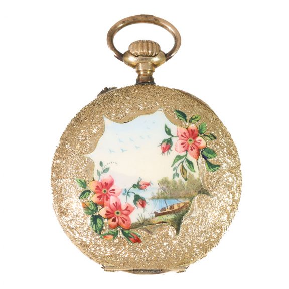 An extremely fine gold and enamel watch with painting Circa 1900 An extremely fine gold and enamel watch with painting Circa 1900