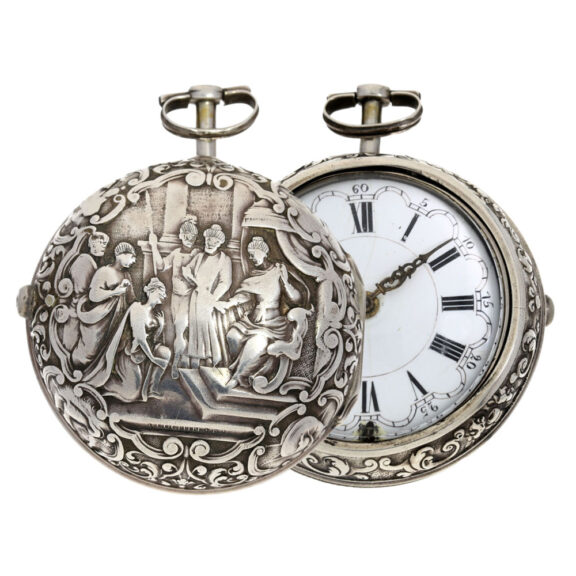 An English silver verge with repoussé decoration Circa 1740 An English silver verge with repoussé decoration Circa 1740