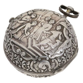An English silver verge with repoussé decoration Circa 1740 An English silver verge with repoussé decoration Circa 1740