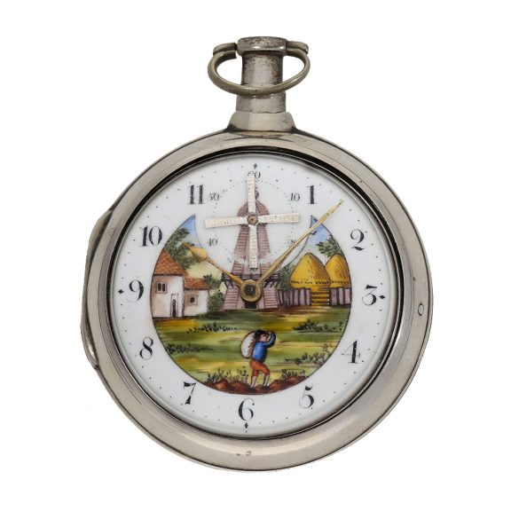 English silver pair cased verge watch with enamel painting Circa 1802