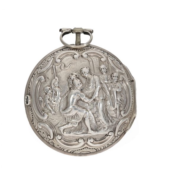 English silver repoussé verge watch with high relief Circa 1776 English silver repoussé verge watch with high relief Circa 1776