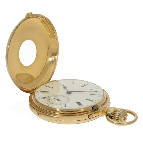 Swiss 18 Carat half hunter cased pocket watch with repeater Circa 1890 Swiss 18 Carat half hunter cased pocket watch with repeater Circa 1890