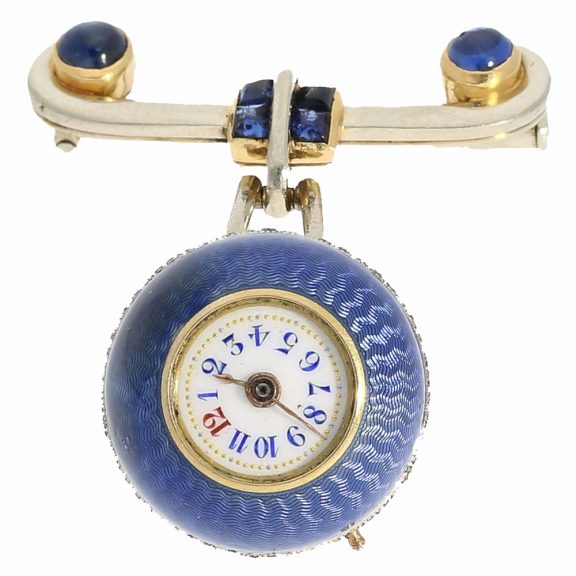 Swiss gold and platinum Boule de Genève with brooch Circa 1890