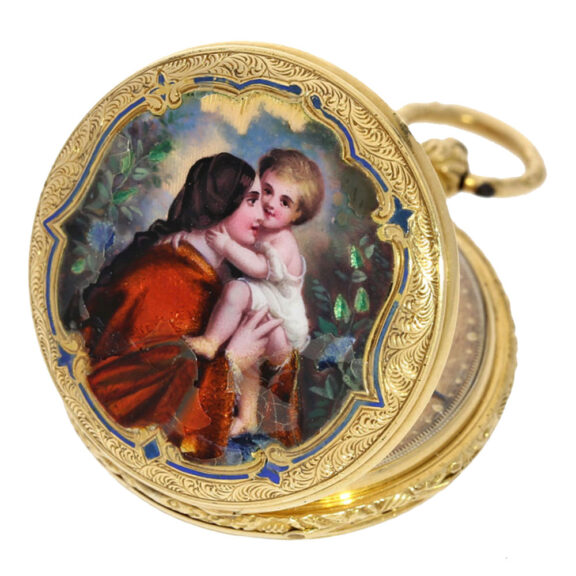 A very rare gold Swiss with decorative enamel painting Circa 1900 A very rare gold Swiss with decorative enamel painting Circa 1900