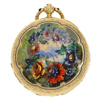 Rare gold Swiss with decorative enamel painting Circa 1900 Rare gold Swiss with decorative enamel painting Circa 1900