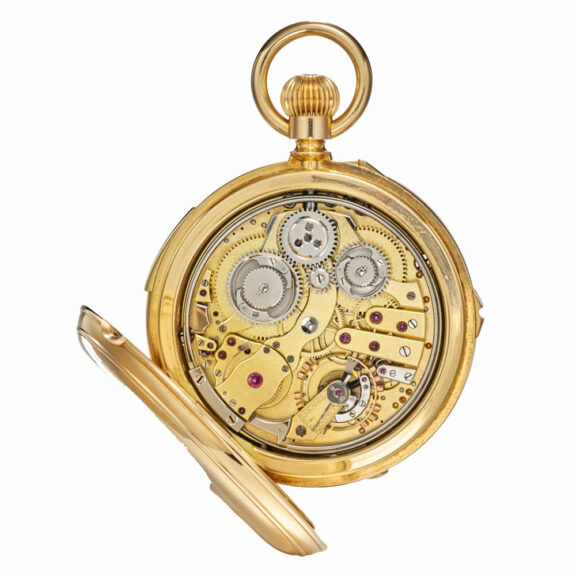 Swiss gold minute repeater with 3 complications Circa 1880-83 Swiss gold minute repeater with 3 complications Circa 1880-83