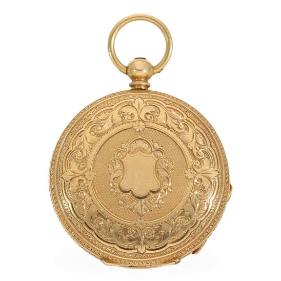 English 18 carat gold pocket watch with original box and key Circa 1870 English 18 carat gold pocket watch with original box and key Circa 1870