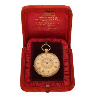 English 18 carat gold pocket watch with original box and key Circa 1870