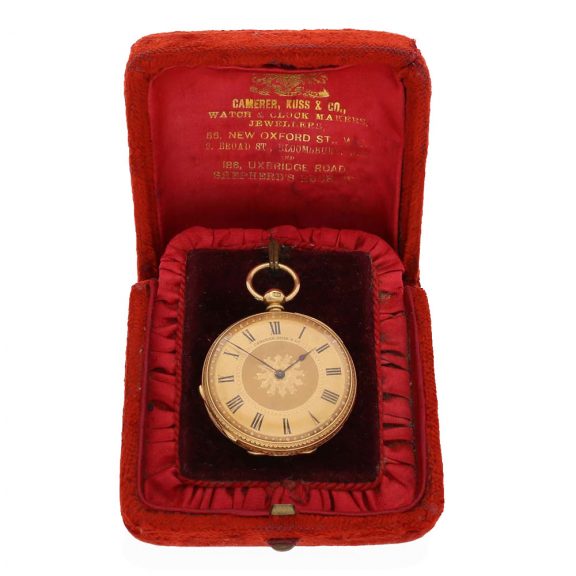 English 18 carat gold pocket watch with original box and key Circa 1870 English 18 carat gold pocket watch with original box and key Circa 1870
