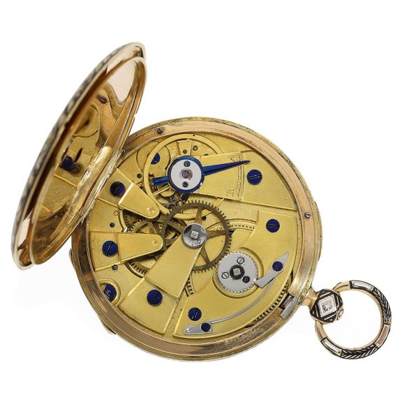 Swiss 18 Carat gold fine lépine with wonderful gold enamel case Circa 1830 Swiss 18 Carat gold fine lépine with wonderful gold enamel case Circa 1830