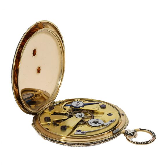 Swiss 18 Carat gold fine lépine with wonderful gold enamel case Circa 1830 Swiss 18 Carat gold fine lépine with wonderful gold enamel case Circa 1830
