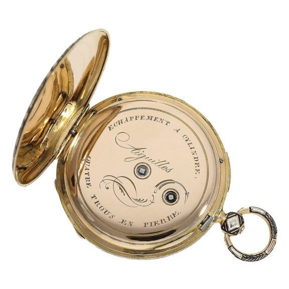 Swiss 18 Carat gold fine lépine with wonderful gold enamel case Circa 1830 Swiss 18 Carat gold fine lépine with wonderful gold enamel case Circa 1830