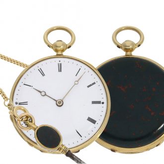 Swiss 18 carat gold miniature lépine watch with jasper case Circa 1820