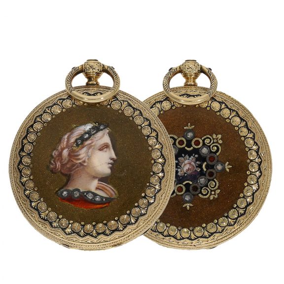 18 Carat gold and enamel full hunter cased watch Circa 1870 18 Carat gold and enamel full hunter cased watch Circa 1870