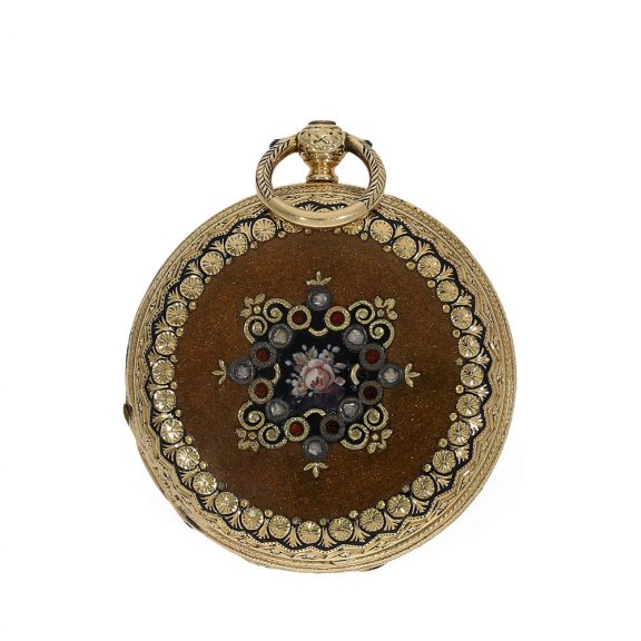 18 Carat gold and enamel full hunter cased watch Circa 1870 18 Carat gold and enamel full hunter cased watch Circa 1870