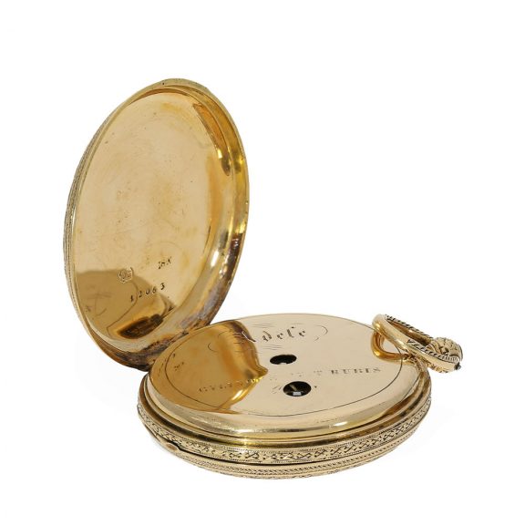 18 Carat gold and enamel full hunter cased watch Circa 1870 18 Carat gold and enamel full hunter cased watch Circa 1870