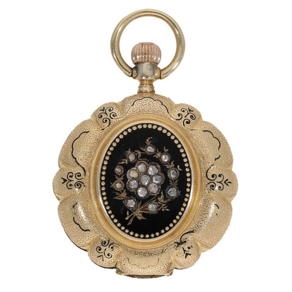 Swiss 14 carat gold and enamel full hunter cased watch Circa 1870 Swiss 14 carat gold and enamel full hunter cased watch Circa 1870