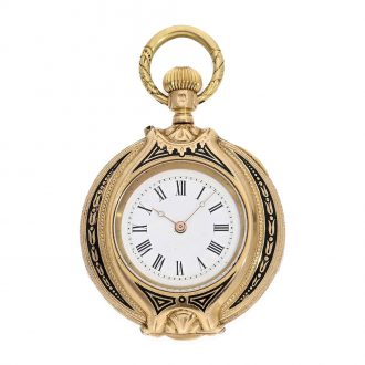 18 Carat gold and enamel form watch with cylinder escapement Circa 1880