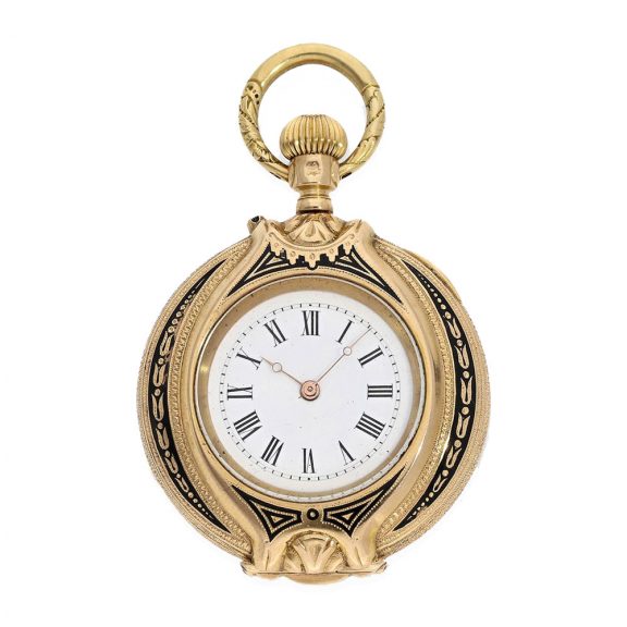 18 Carat gold and enamel form watch with cylinder escapement Circa 1880