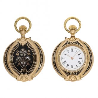 18 Carat gold and enamel form watch with cylinder escapement Circa 1880
