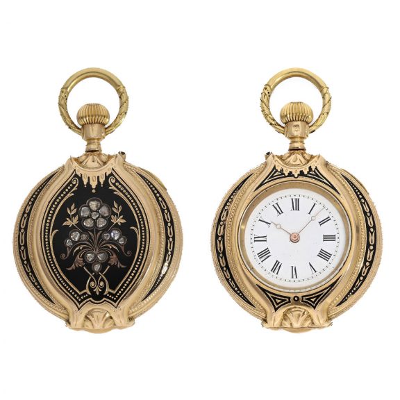 18 Carat gold and enamel form watch with cylinder escapement Circa 1880 18 Carat gold and enamel form watch with cylinder escapement Circa 1880