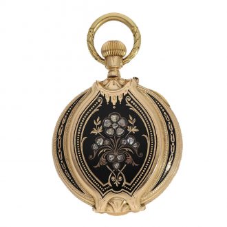 18 Carat gold and enamel form watch with cylinder escapement Circa 1880