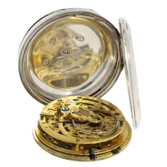 Artistically skeletonized movement with chain/fusee, exceptionally large balance and early English anchor escapement.