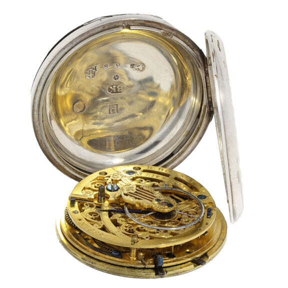Artistically skeletonized movement with chain/fusee, exceptionally large balance and early English anchor escapement. Artistically skeletonized movement with chain/fusee, exceptionally large balance and early English anchor escapement.