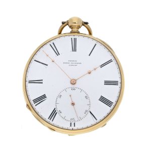 English 18k gold pocket watch with mock pendulum Circa 1850