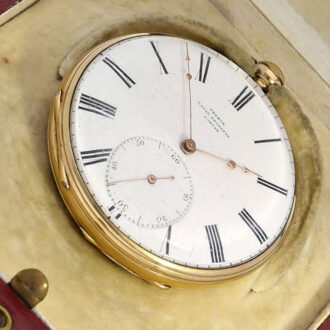 English 18k gold pocket watch with mock pendulum Circa 1850
