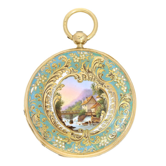 Swiss gold hunter with fine enamel painting Circa 1840