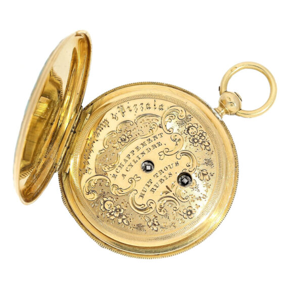 Swiss gold hunter with fine enamel painting Circa 1840 Swiss gold hunter with fine enamel painting Circa 1840