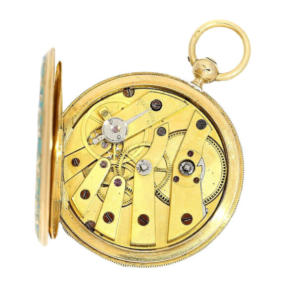 Swiss gold hunter with fine enamel painting Circa 1840 Swiss gold hunter with fine enamel painting Circa 1840