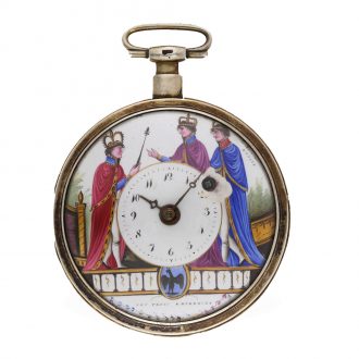 Swiss silver verge watch with a very rare enamel painting Circa 1800