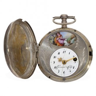 Swiss silver full hunter cased watch with enamel painting Circa 1780