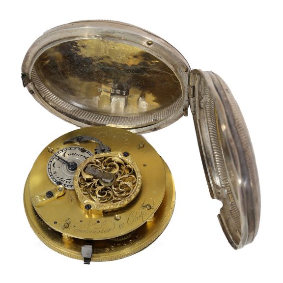 Swiss silver full hunter cased watch with enamel painting Circa 1780 Swiss silver full hunter cased watch with enamel painting Circa 1780