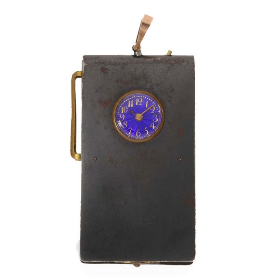 Swiss rare burnished iron coin box with integrated watch Circa 1900