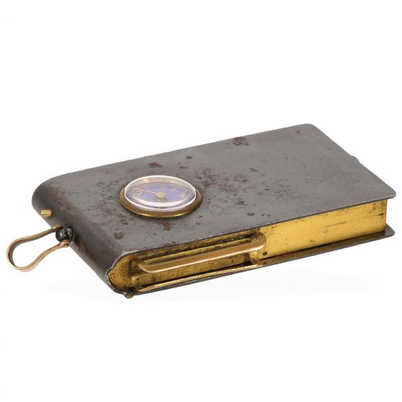 Swiss rare burnished iron coin box with integrated watch Circa 1900 Swiss rare burnished iron coin box with integrated watch Circa 1900