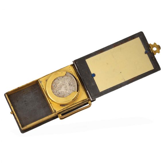 Swiss rare burnished iron coin box with integrated watch Circa 1900 Swiss rare burnished iron coin box with integrated watch Circa 1900