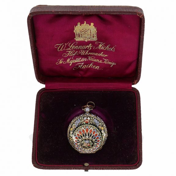 Swiss 18 Carat gold and enamel watch with original box Circa 1820 Swiss 18 Carat gold and enamel watch with original box Circa 1820