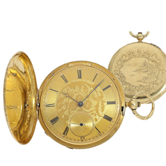 Flat Swiss gold hunting case watch with very nice case engraving Circa 1840 Flat Swiss gold hunting case watch with very nice case engraving Circa 1840