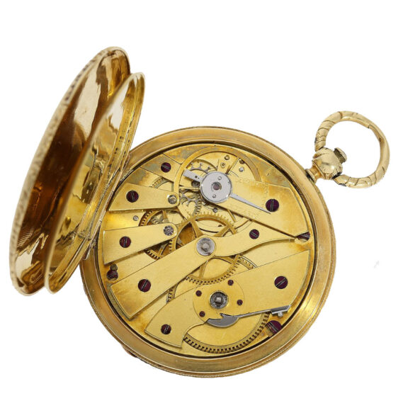 Flat Swiss gold hunting case watch with very nice case engraving Circa 1840 Flat Swiss gold hunting case watch with very nice case engraving Circa 1840